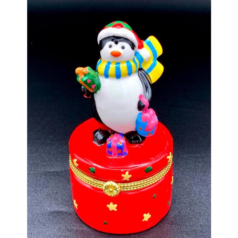 Festive Penguin Christmas Trinket Box | Glazed Hinged Jewelry & Ring Box